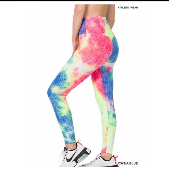🔥$5🔥TIE-DYE HONEYCOMB LEGGINGS FUSCHIA/GREEN & BLUE-NEW - Picture 3 of 5
